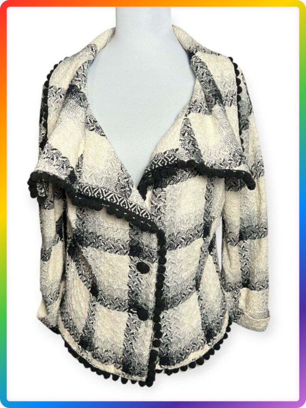 Mason Marciano PomPom Fringe Knit Jacket Womens M Black Cream Italy Cardigan